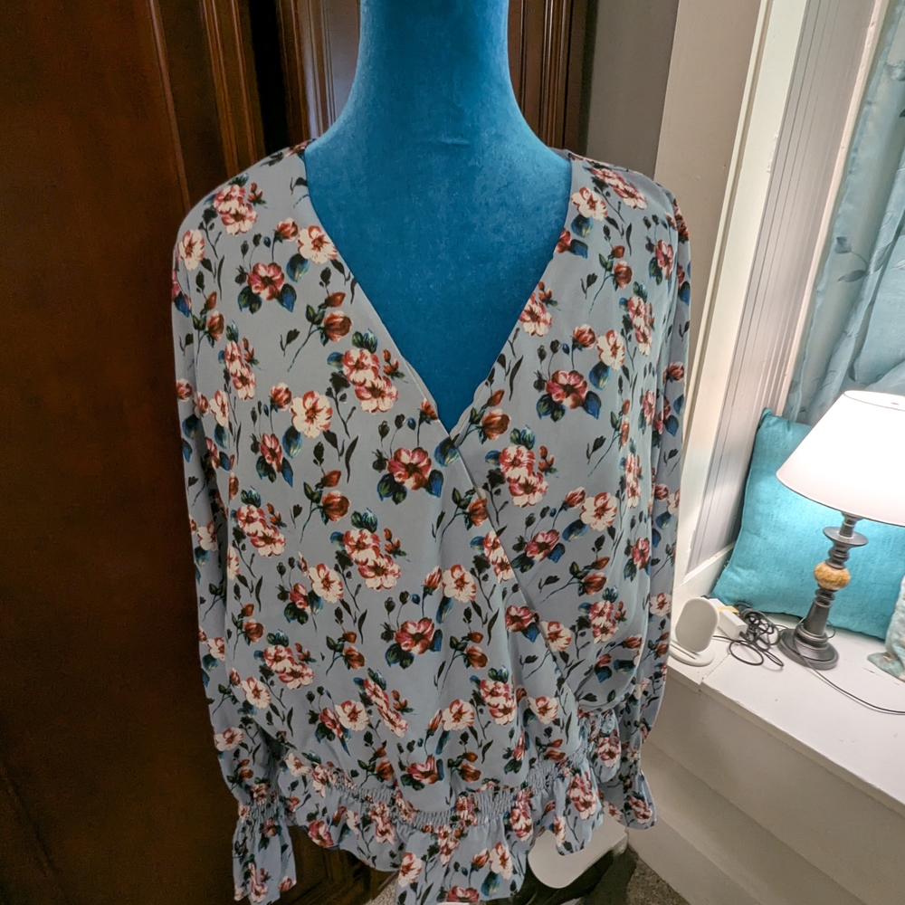 Elegant Floral Wrap Blouse - Blue and Red